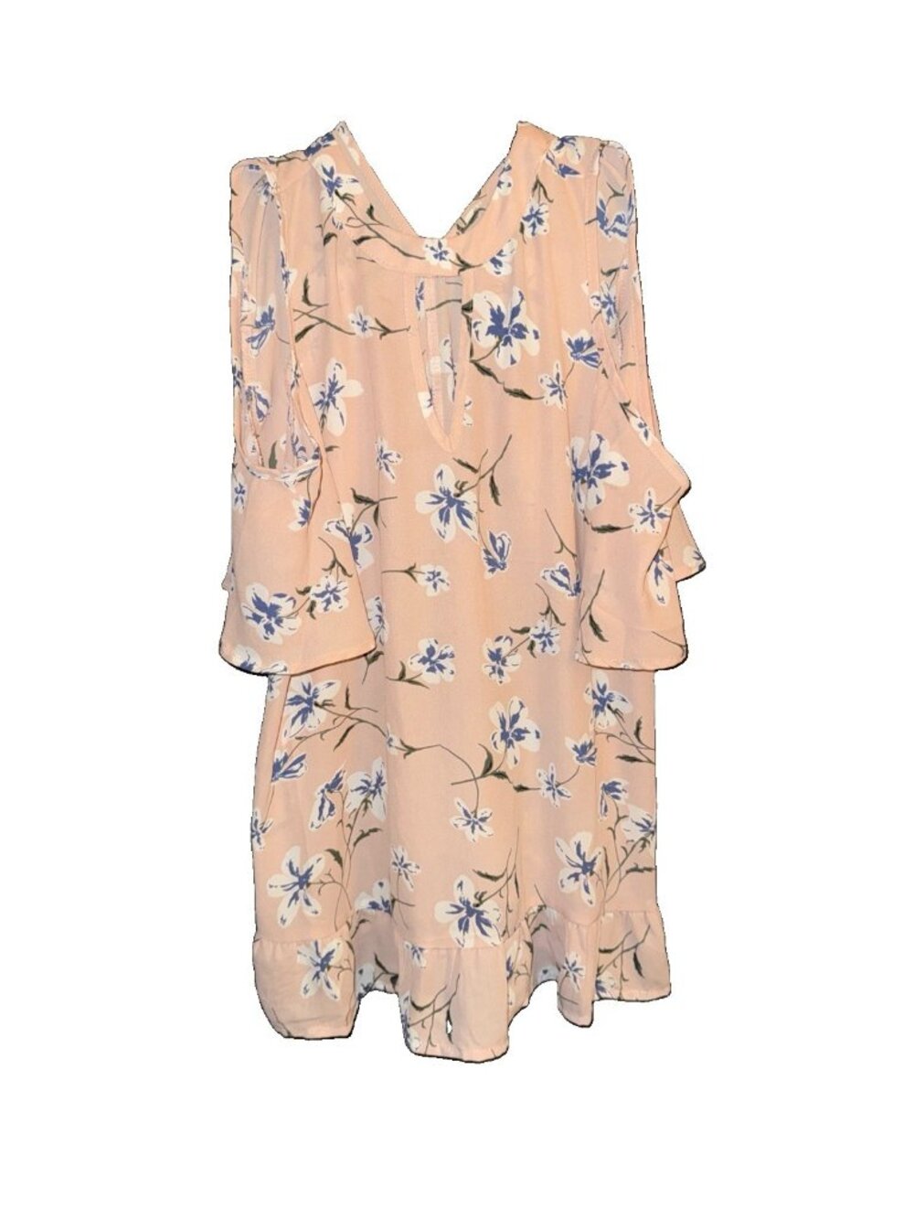 Sienna Sky Ruffle Shirt SMALL Pink White Floral Tropical Cold Shoulder Keyhole